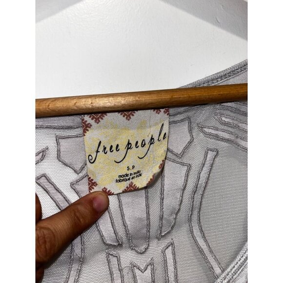 Free People Grey Sheer Long Sleeve Top With Mesh Shoulders & Embroidery Small - Picture 4 of 8